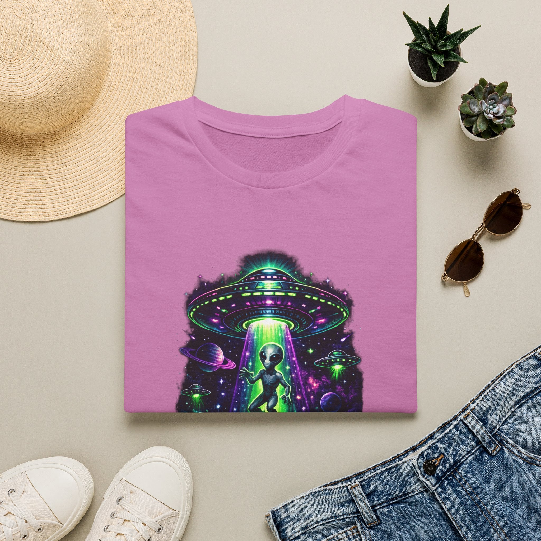 Alien Abduction Graphic Tee — Neon UFO & Alien Illustration T-Shirt