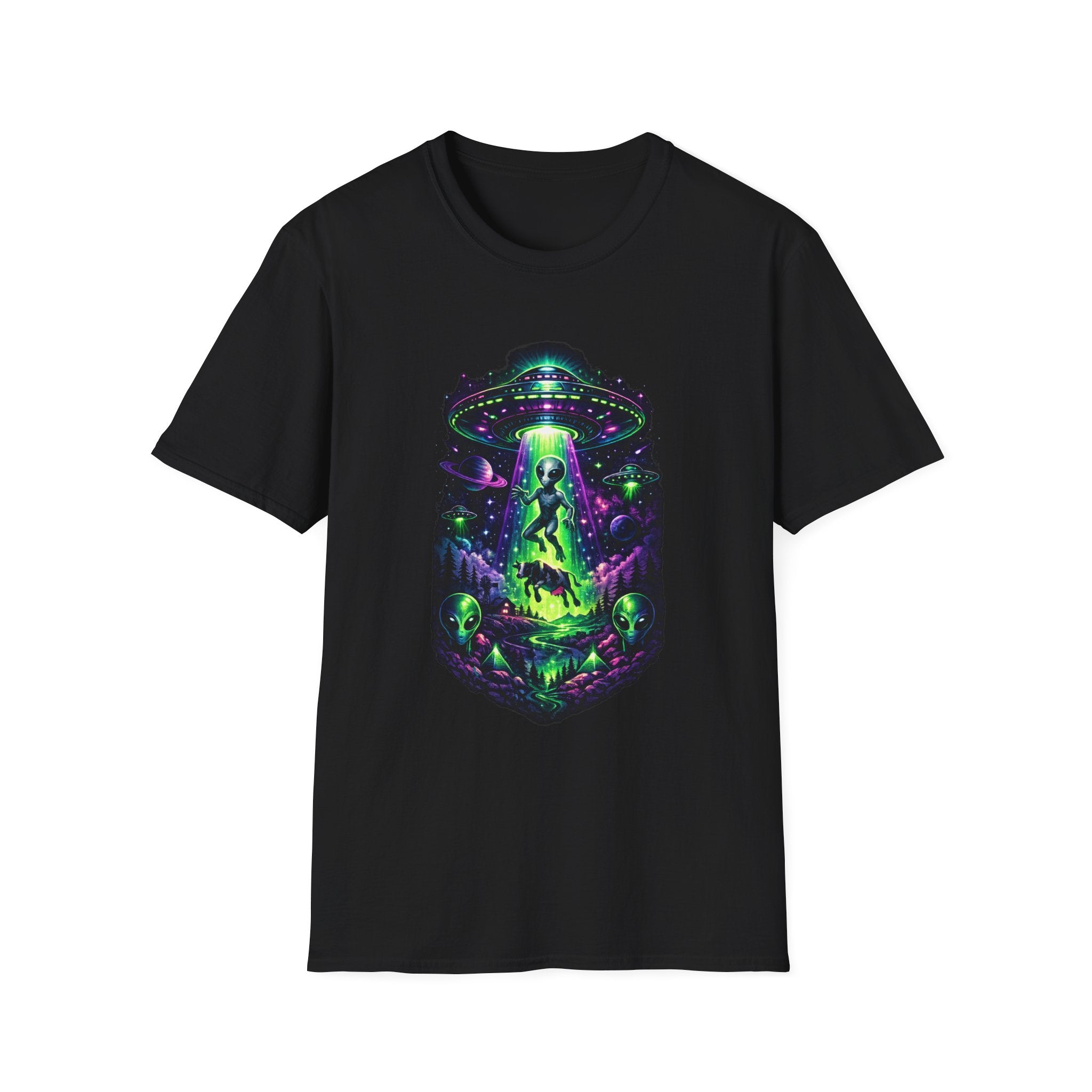 Alien Abduction Graphic Tee — Neon UFO & Alien Illustration T-Shirt
