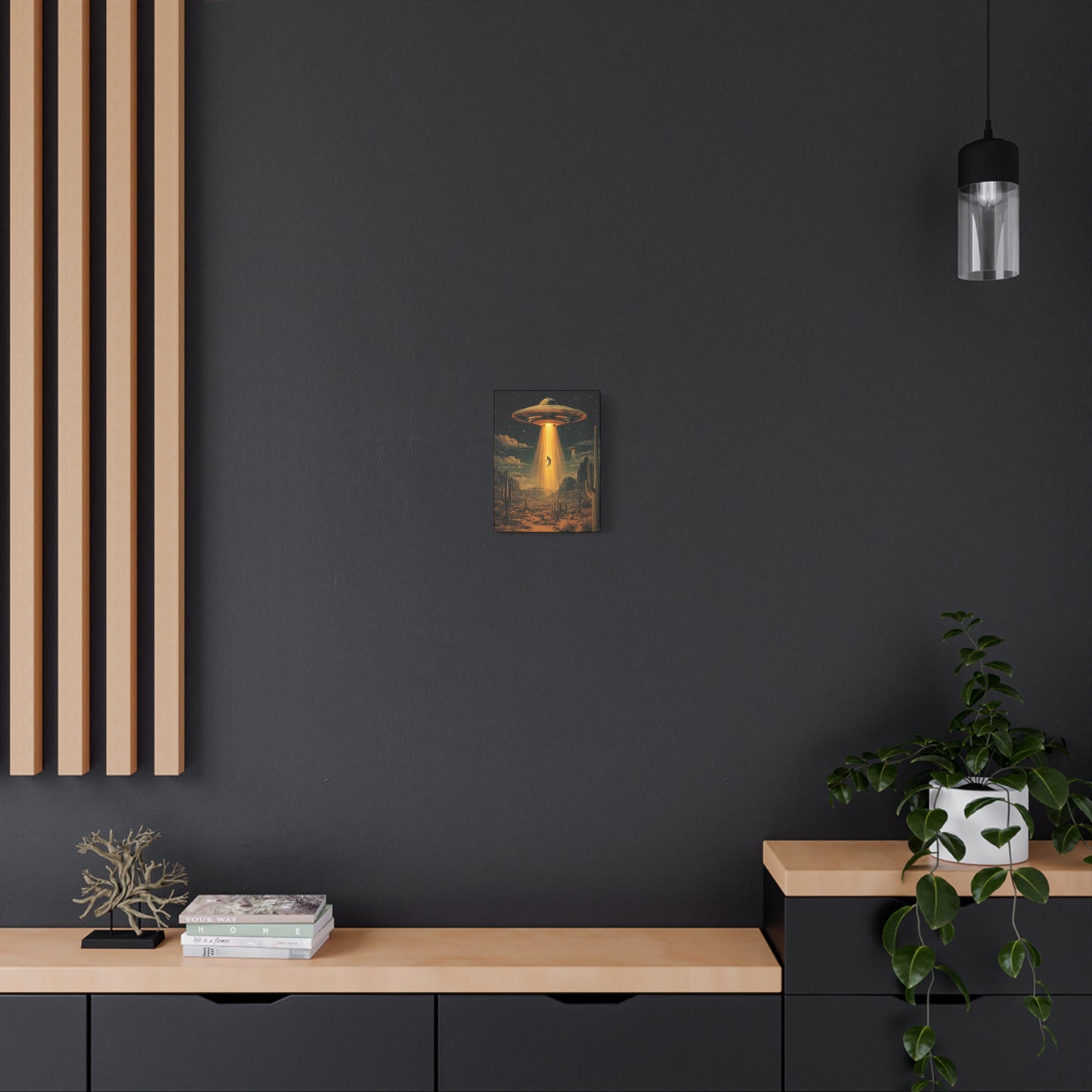 UFO Abduction Matte Canvas Wall Art — Retro Sci‑Fi Alien Beam Stretched Print