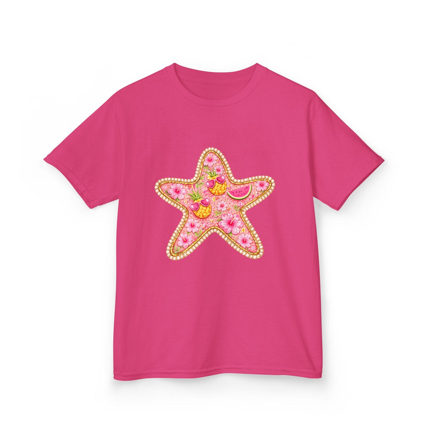 Kids Starfish Tee — Pink Floral Sequin Star Design