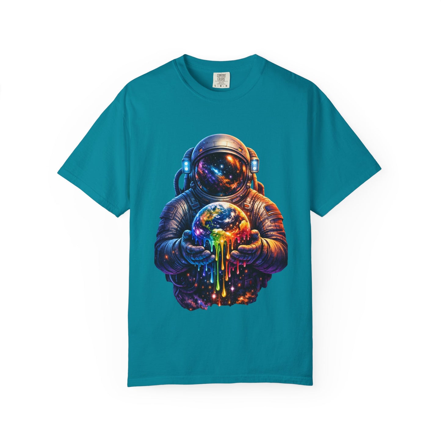 Astronaut Holding Melting Planet T-Shirt — Psychedelic Space Graphic Tee