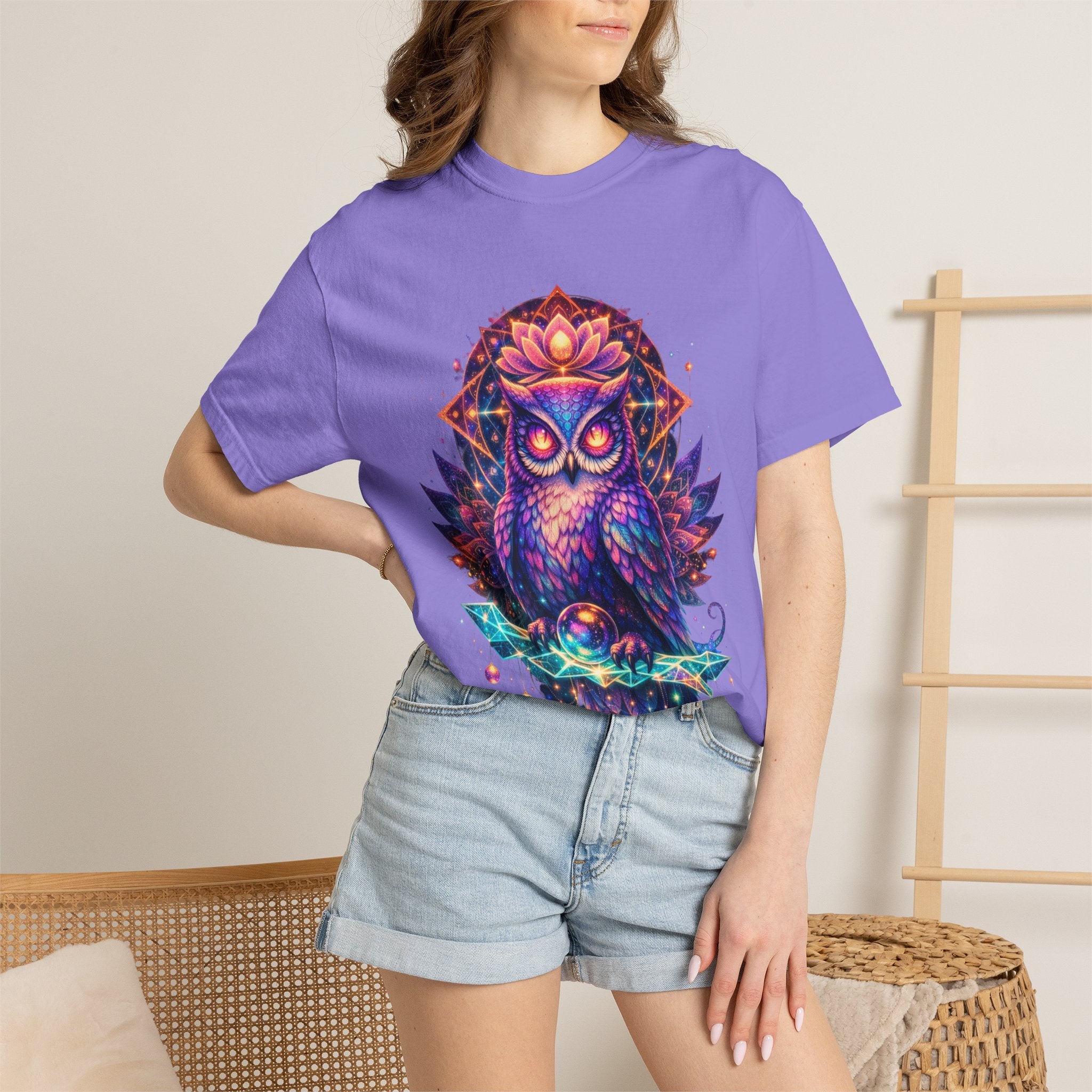 Mystic Owl Graphic T-Shirt — Colorful Boho Owl Art Tee