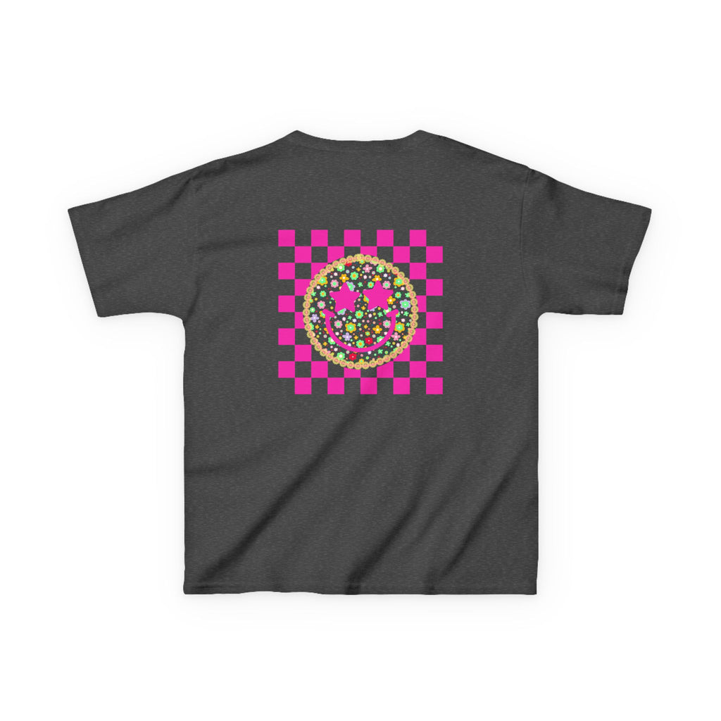 Kids Tee — Retro Pink Checker Smiley Face with Star Eyes