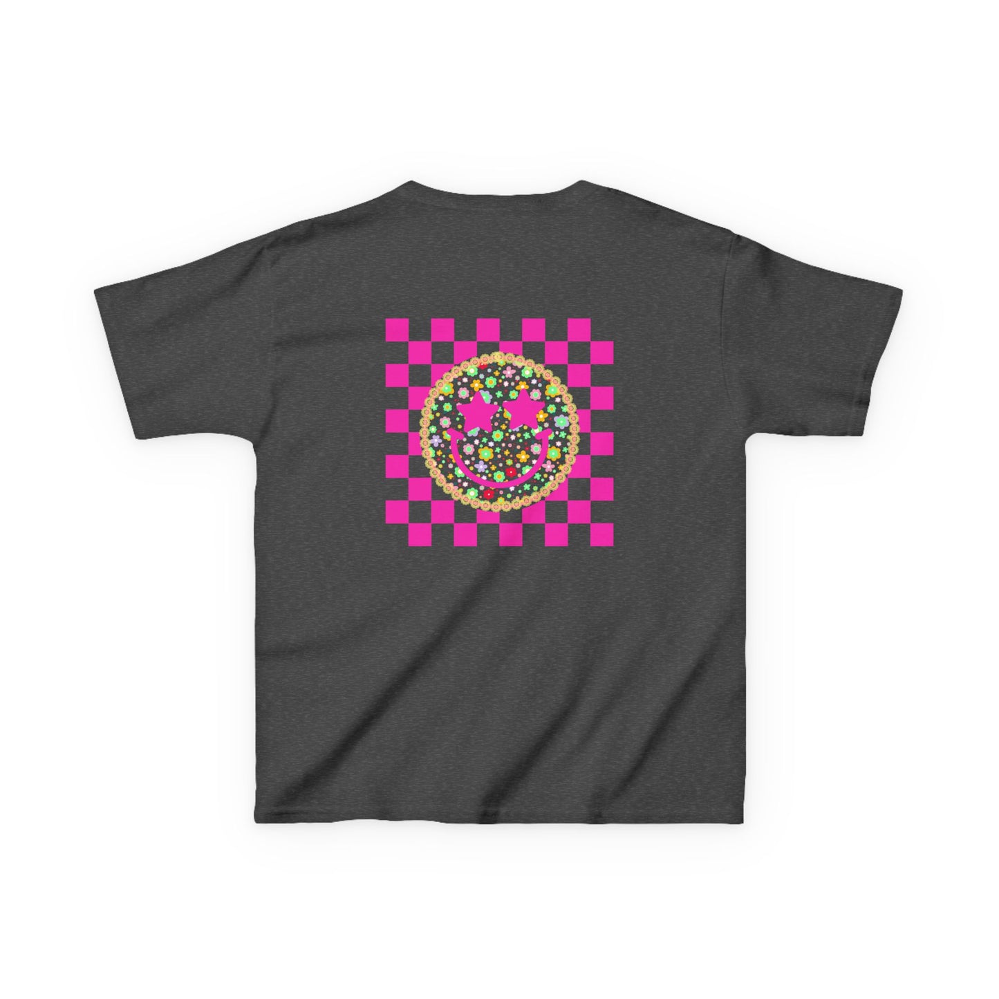 Kids Tee — Retro Pink Checker Smiley Face with Star Eyes