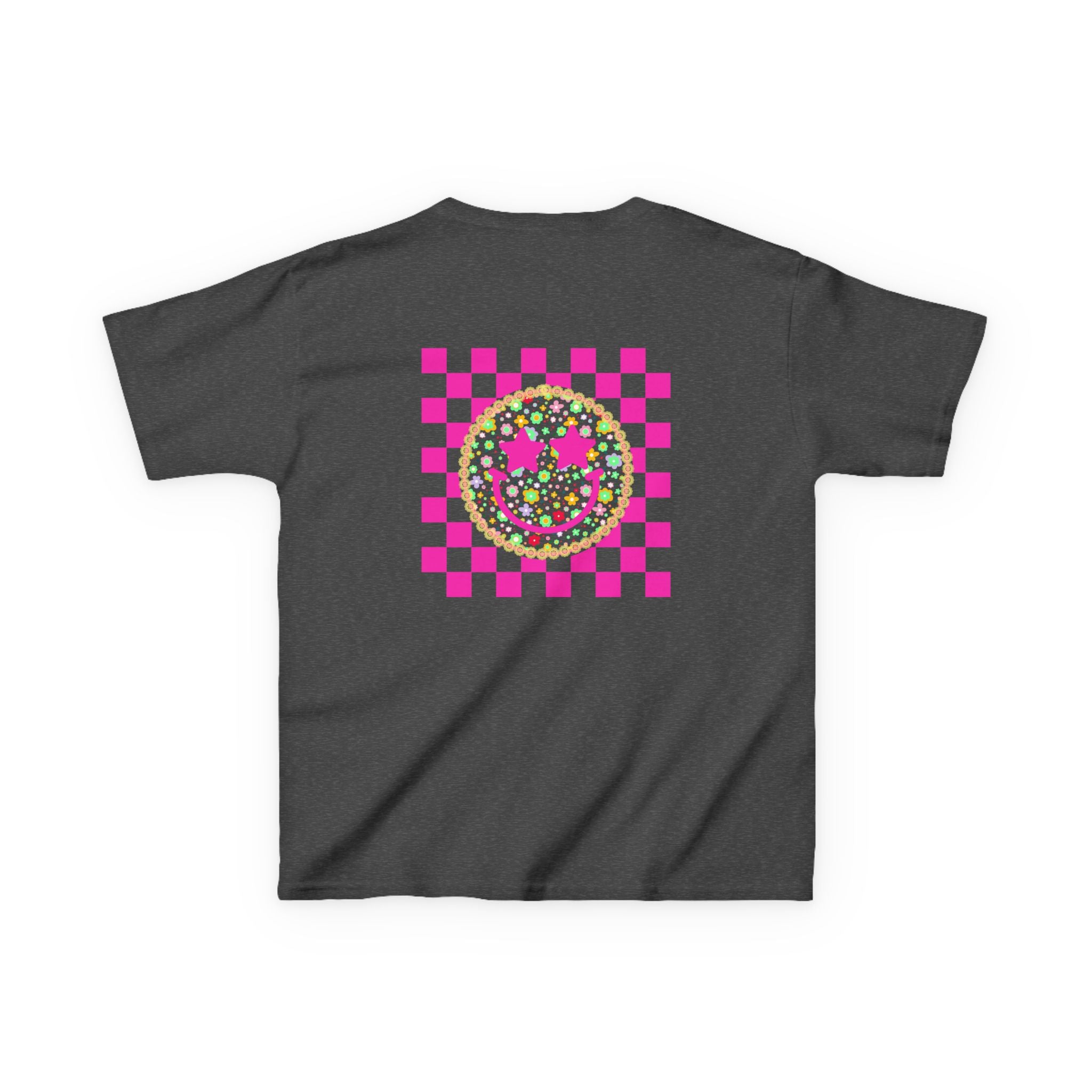 Kids Tee — Retro Pink Checker Smiley Face with Star Eyes