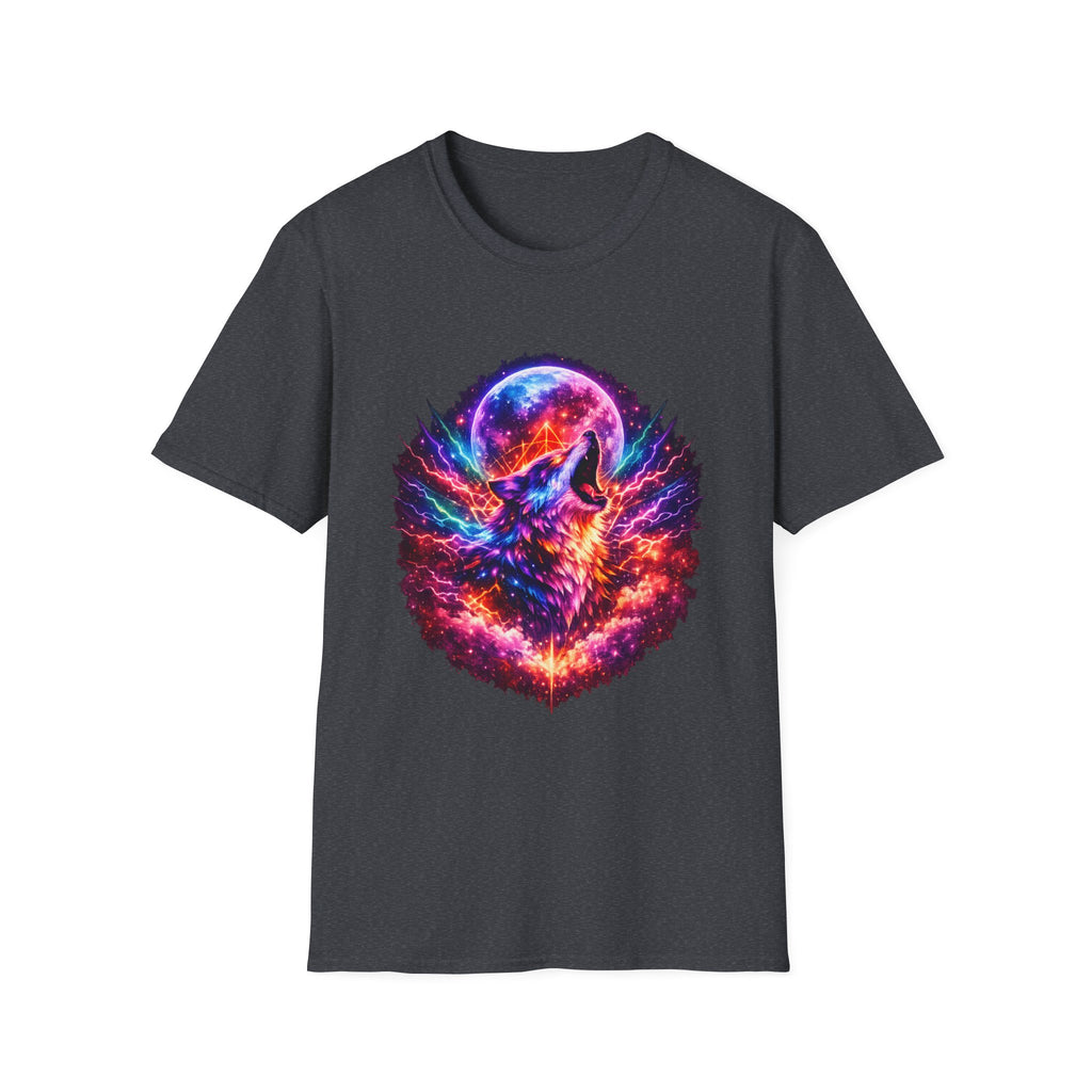 Cosmic Howl T‑Shirt — Neon Galaxy Wolf Graphic Tee