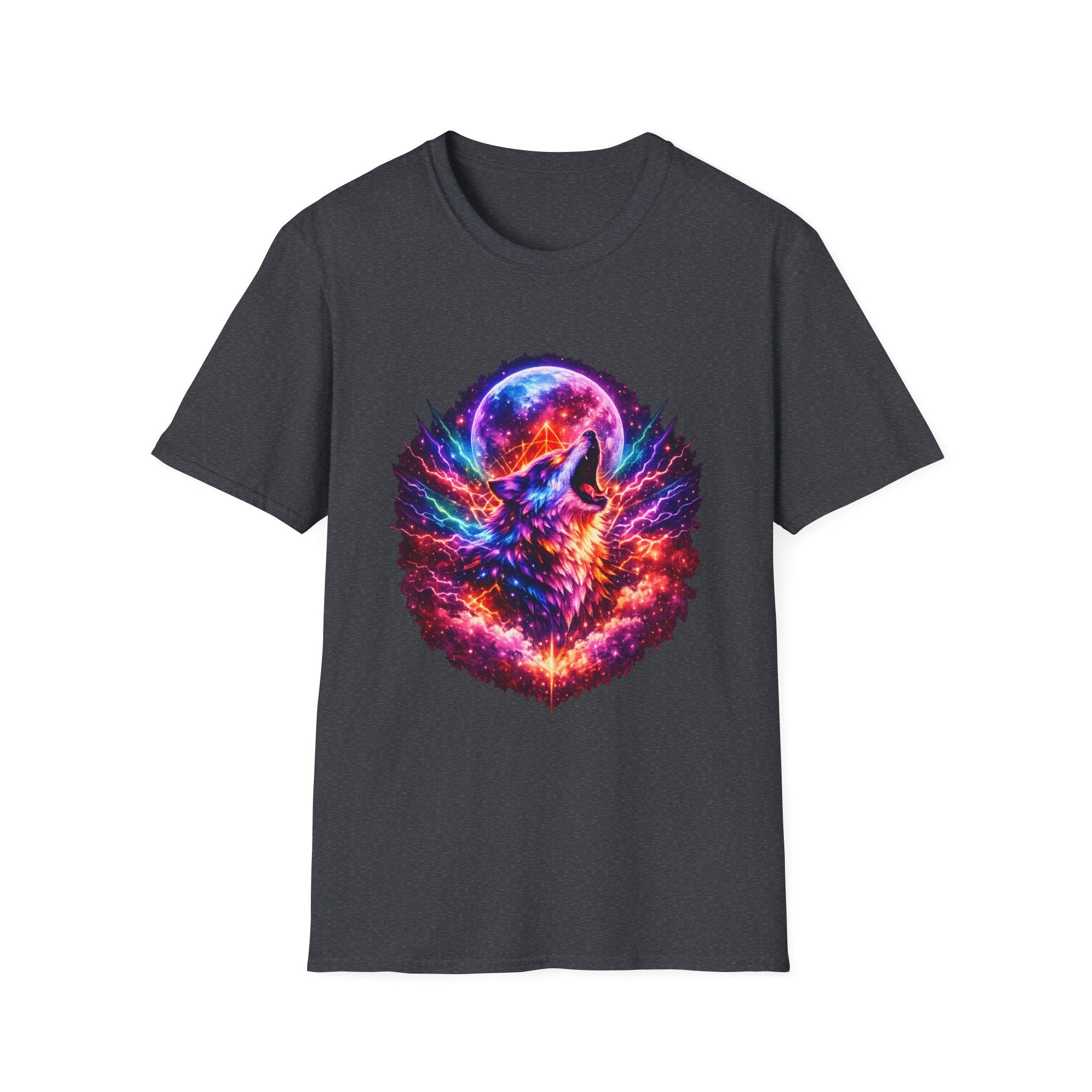 Cosmic Howl T‑Shirt — Neon Galaxy Wolf Graphic Tee