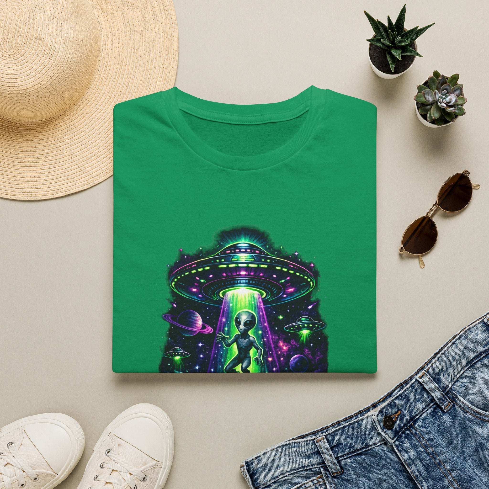 Alien Abduction Graphic Tee — Neon UFO & Alien Illustration T-Shirt