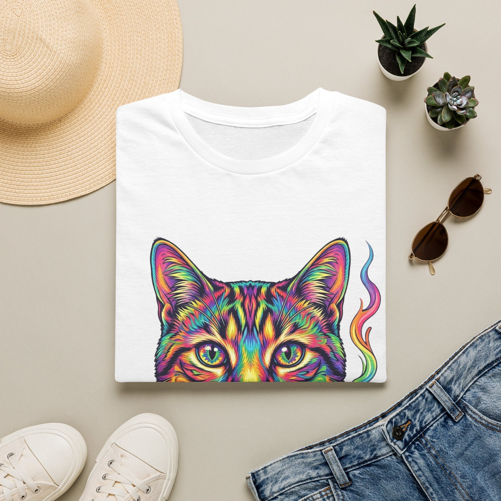 Colorful Psychedelic Cat T-Shirt — Vibrant Rainbow Cat Portrait Tee