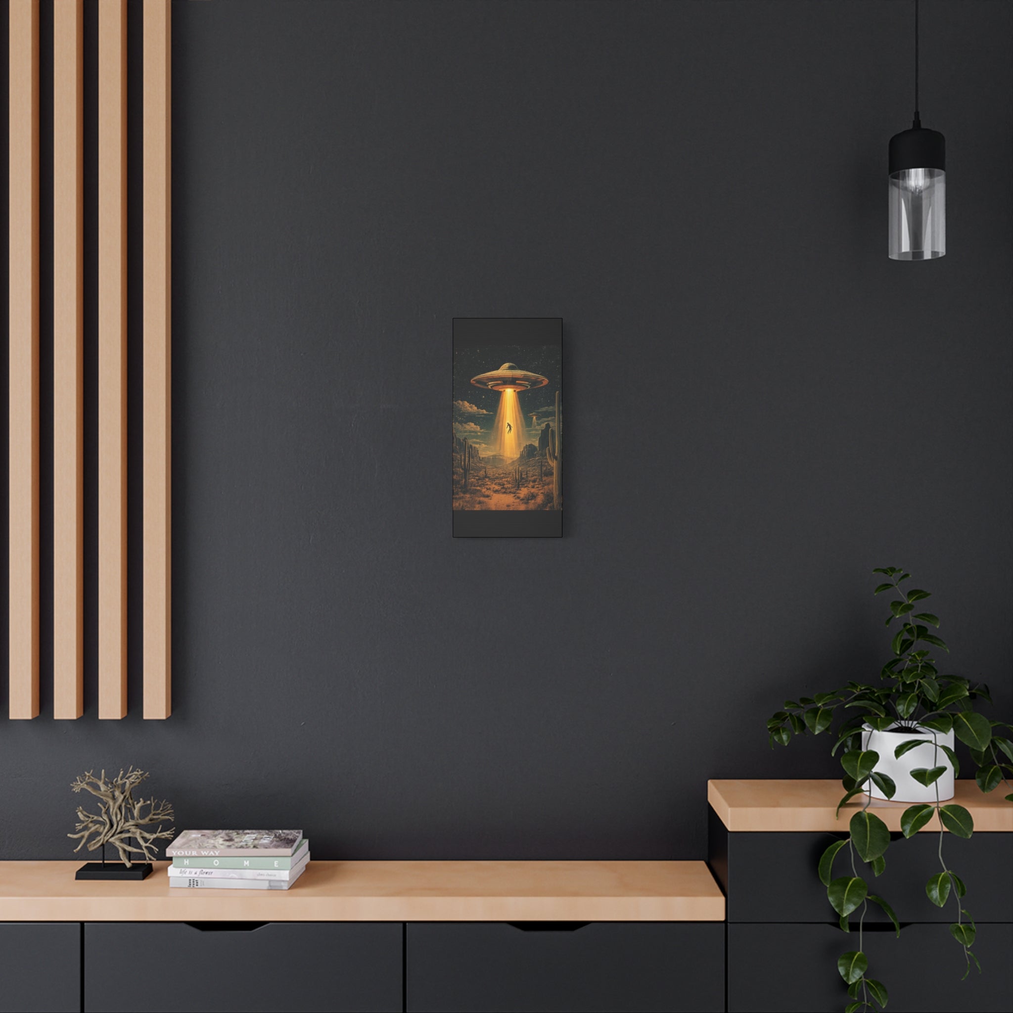 UFO Abduction Matte Canvas Wall Art — Retro Sci‑Fi Alien Beam Stretched Print