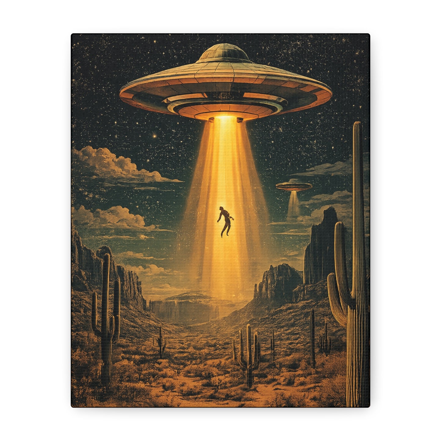 UFO Abduction Matte Canvas Wall Art — Retro Sci‑Fi Alien Beam Stretched Print