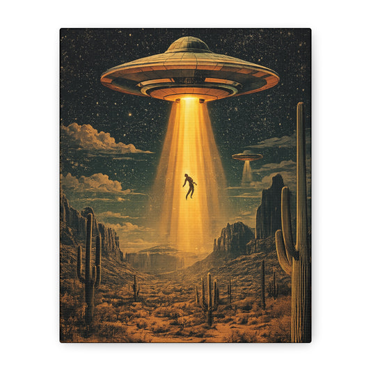 UFO Abduction Matte Canvas Wall Art — Retro Sci‑Fi Alien Beam Stretched Print