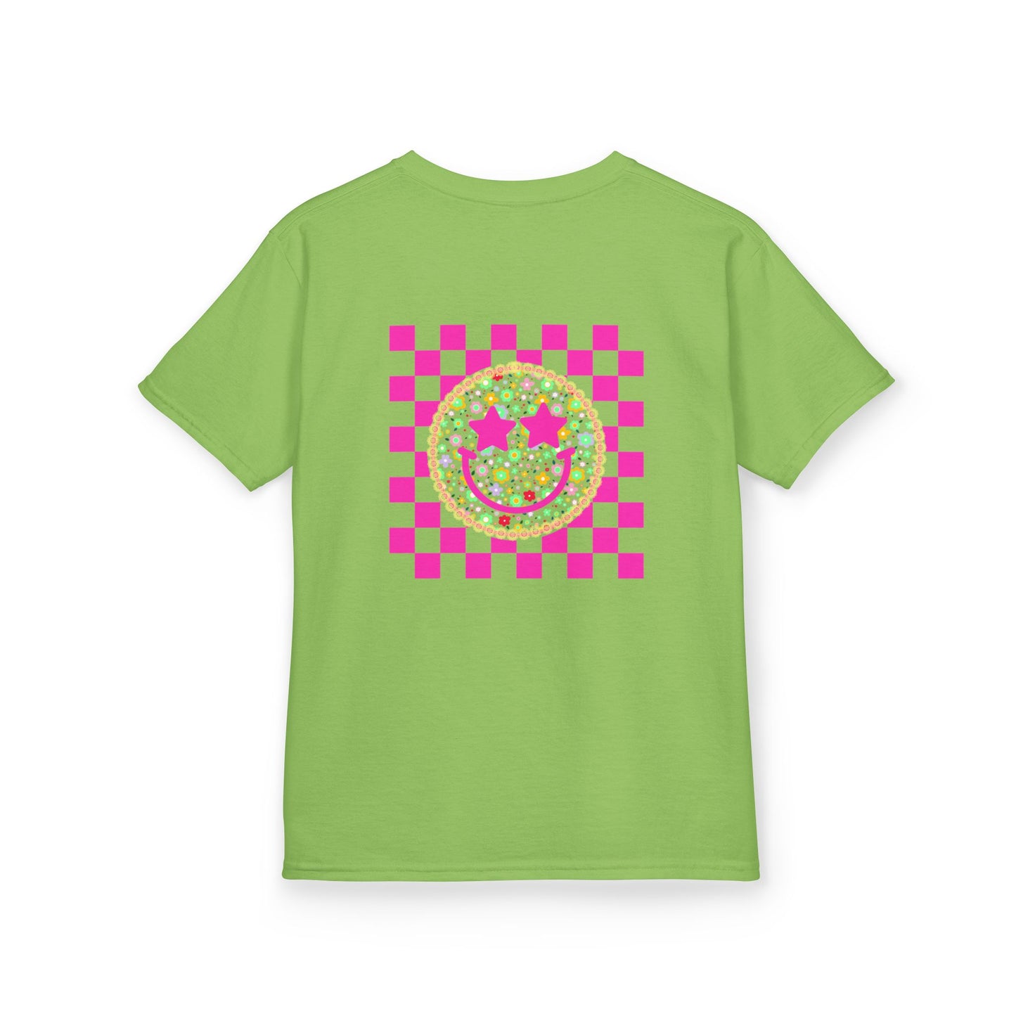 Kids Tee — Retro Pink Checker Smiley Face with Star Eyes