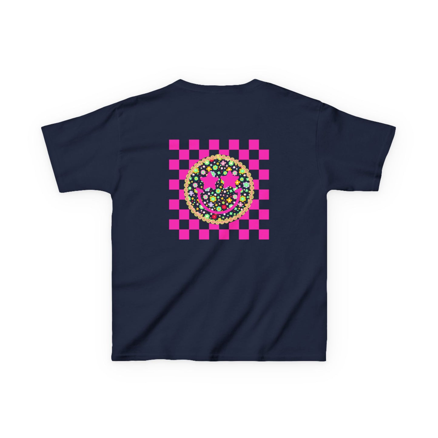 Kids Tee — Retro Pink Checker Smiley Face with Star Eyes