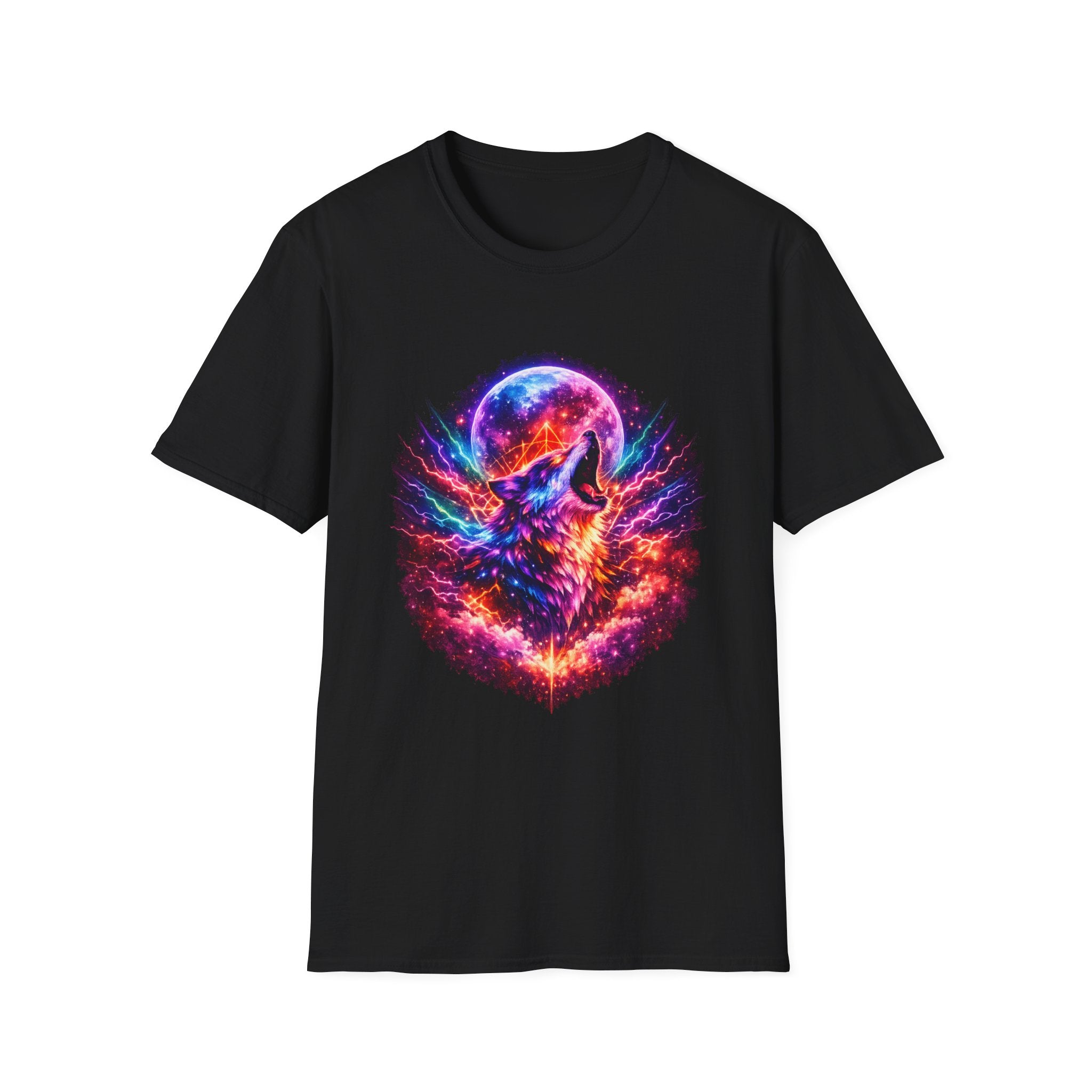 Cosmic Howl T‑Shirt — Neon Galaxy Wolf Graphic Tee