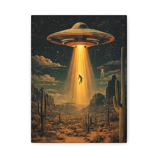 UFO Abduction Matte Canvas Wall Art — Retro Sci‑Fi Alien Beam Stretched Print