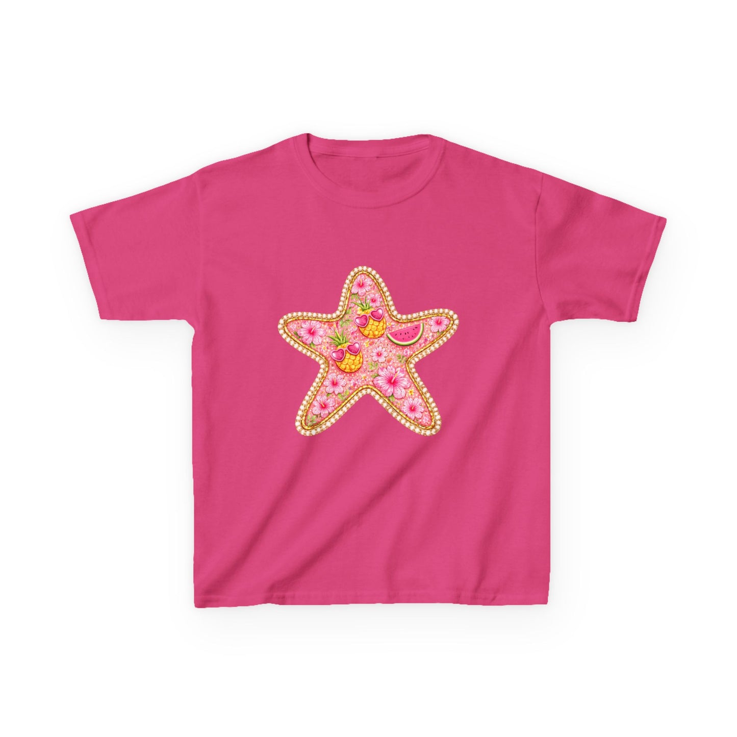 Kids Starfish Tee — Pink Floral Sequin Star Design