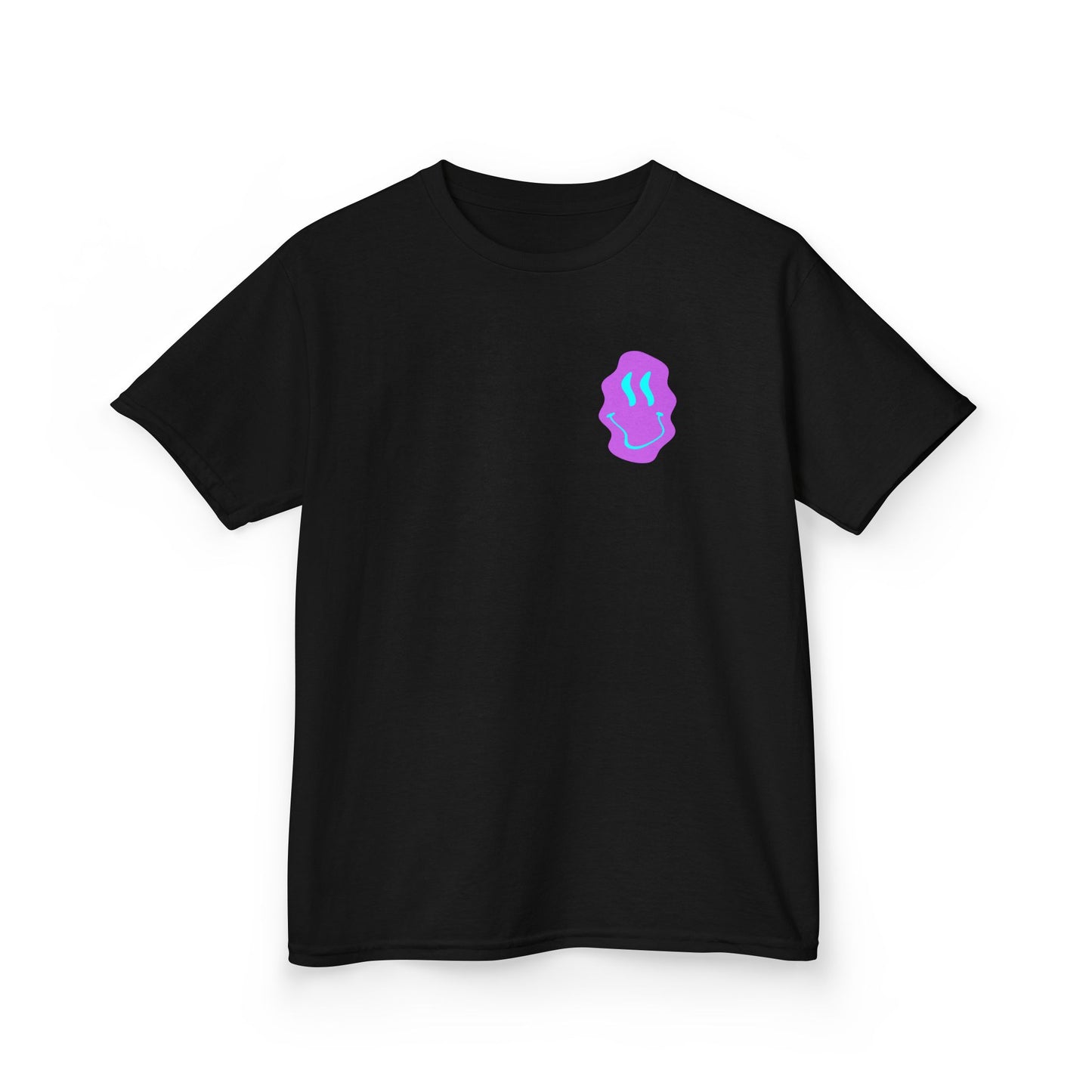 Kids T-Shirt — Neon Smiley Face Graphic Tee (Pink & Blue)