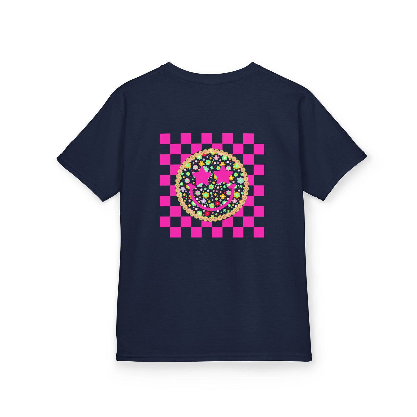 Kids Tee — Retro Pink Checker Smiley Face with Star Eyes