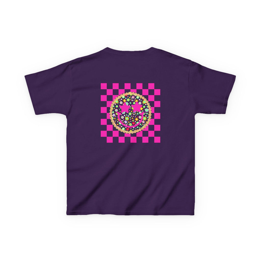 Kids Tee — Retro Pink Checker Smiley Face with Star Eyes
