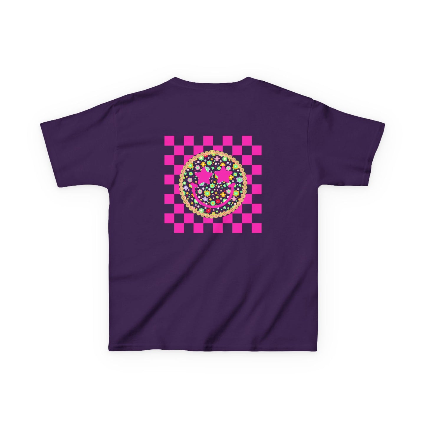 Kids Tee — Retro Pink Checker Smiley Face with Star Eyes