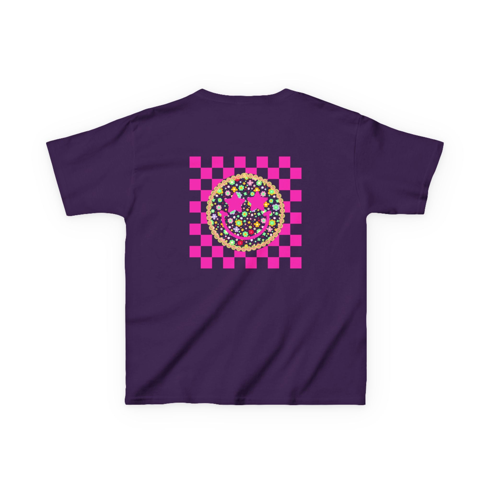 Kids Tee — Retro Pink Checker Smiley Face with Star Eyes