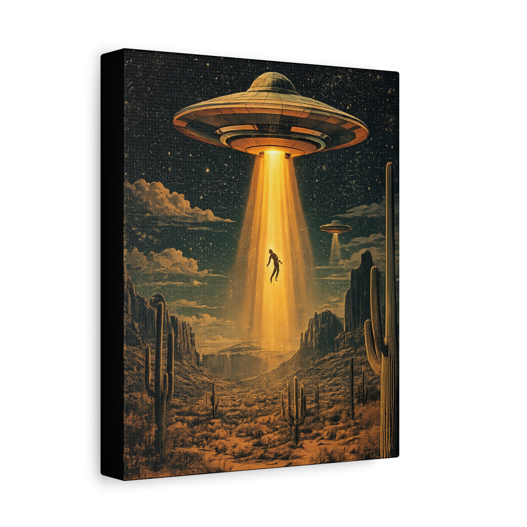 UFO Abduction Matte Canvas Wall Art — Retro Sci‑Fi Alien Beam Stretched Print