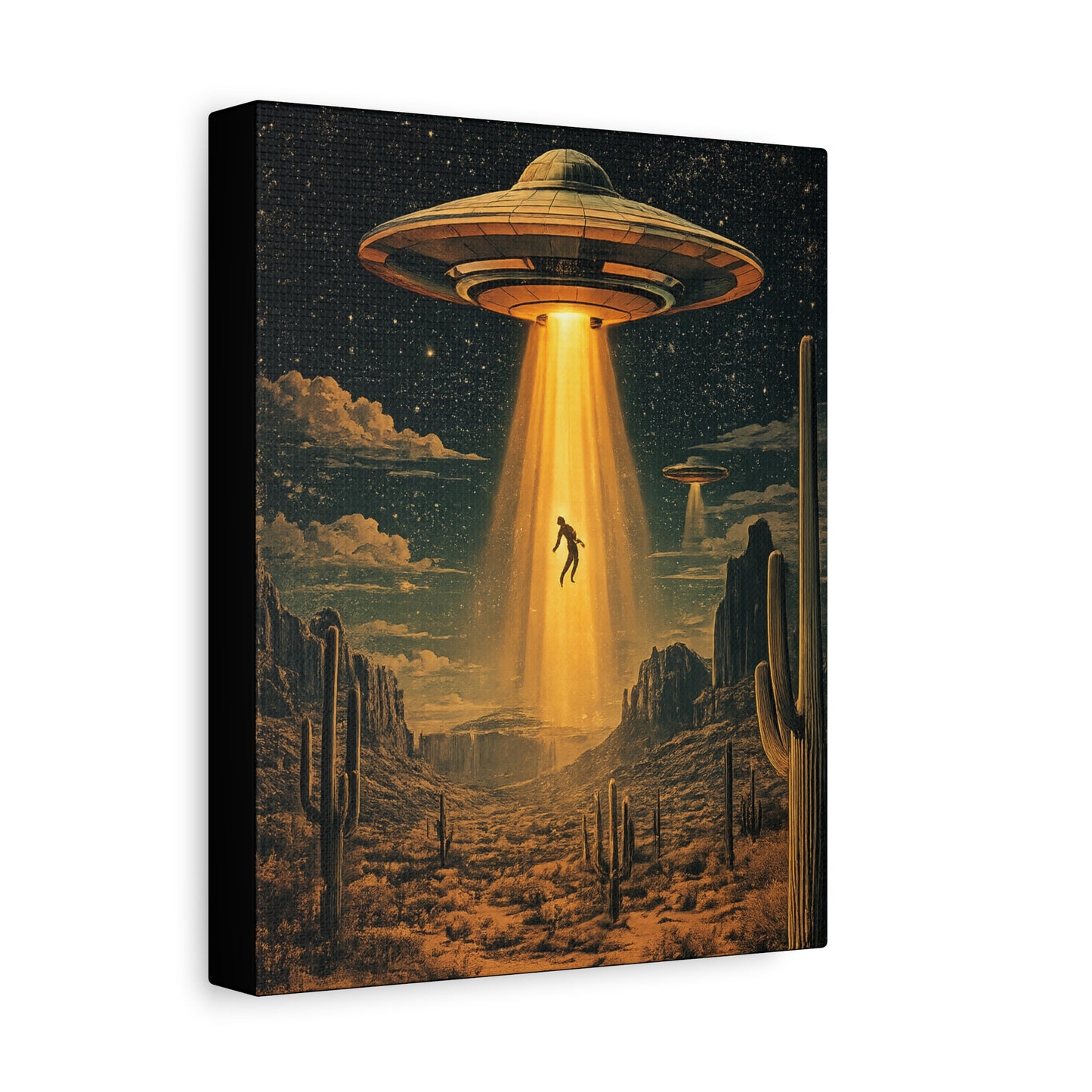 UFO Abduction Matte Canvas Wall Art — Retro Sci‑Fi Alien Beam Stretched Print