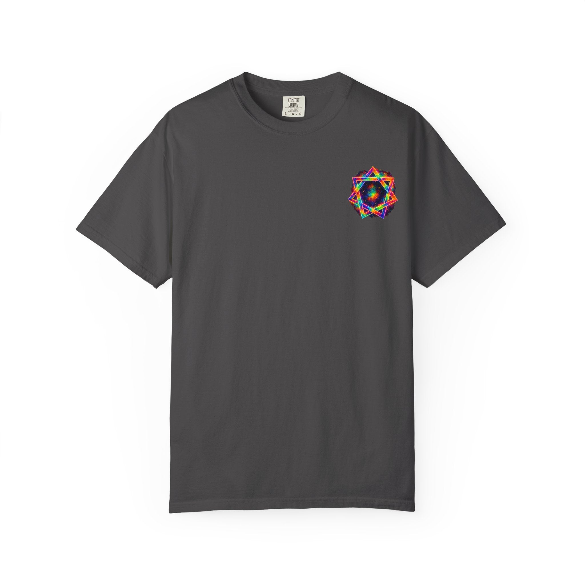 Psychedelic Geometric Star T-Shirt — Neon Mandala Chest & Back Graphic