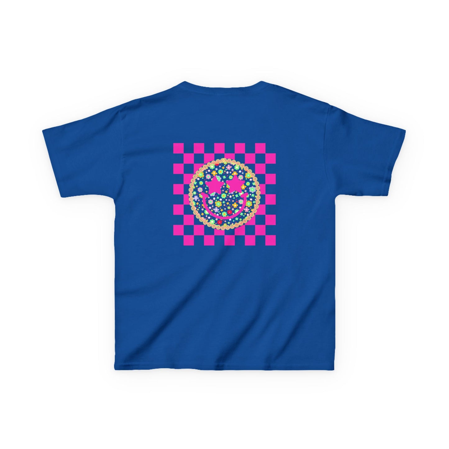 Kids Tee — Retro Pink Checker Smiley Face with Star Eyes