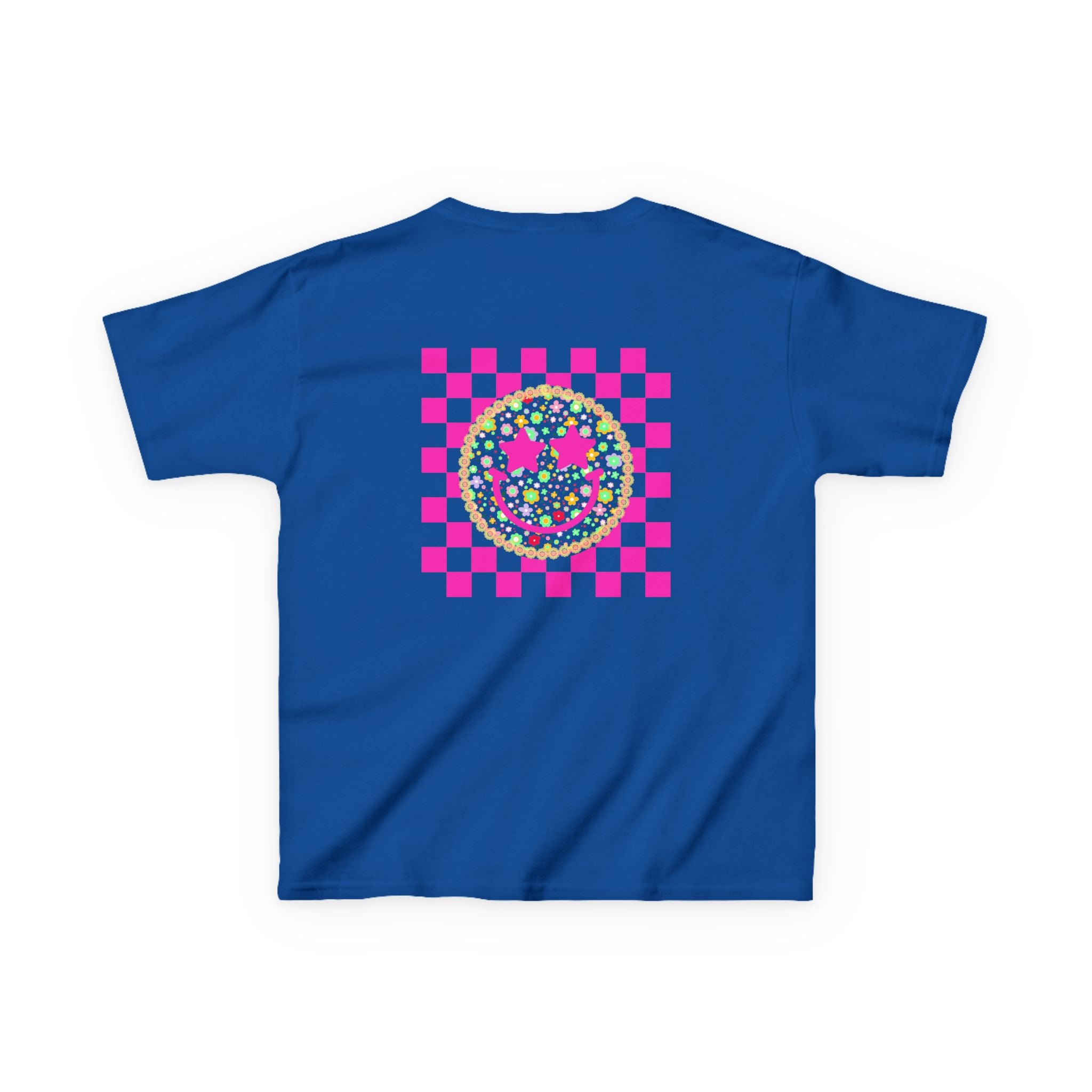 Kids Tee — Retro Pink Checker Smiley Face with Star Eyes