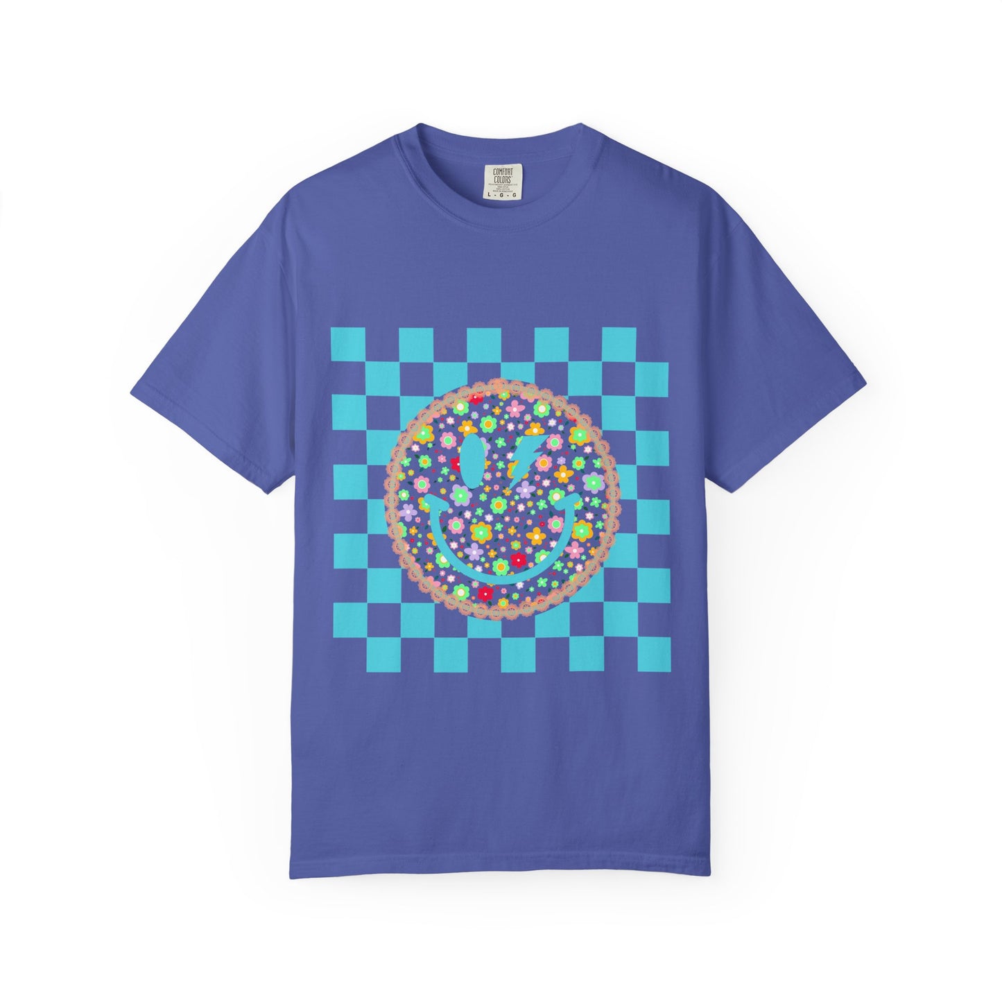 Floral Smiley Checkerboard T-Shirt