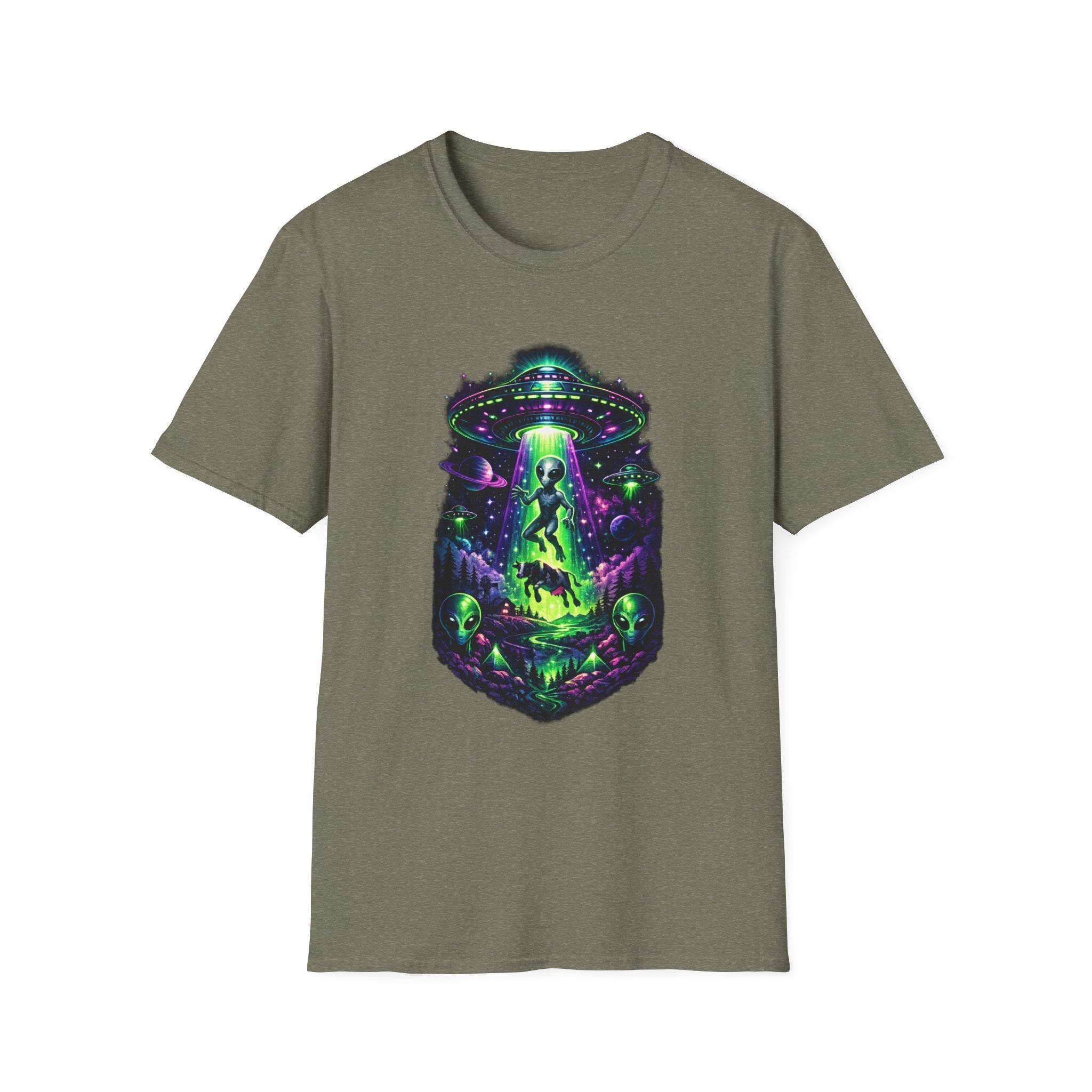Alien Abduction Graphic Tee — Neon UFO & Alien Illustration T-Shirt