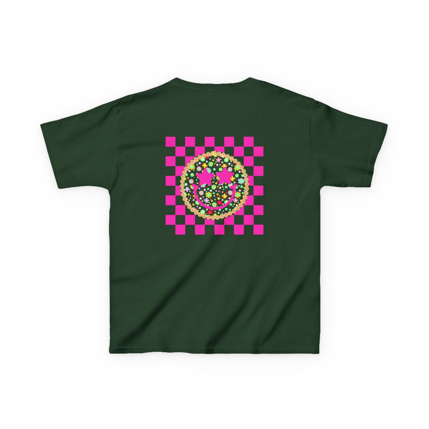 Kids Tee — Retro Pink Checker Smiley Face with Star Eyes
