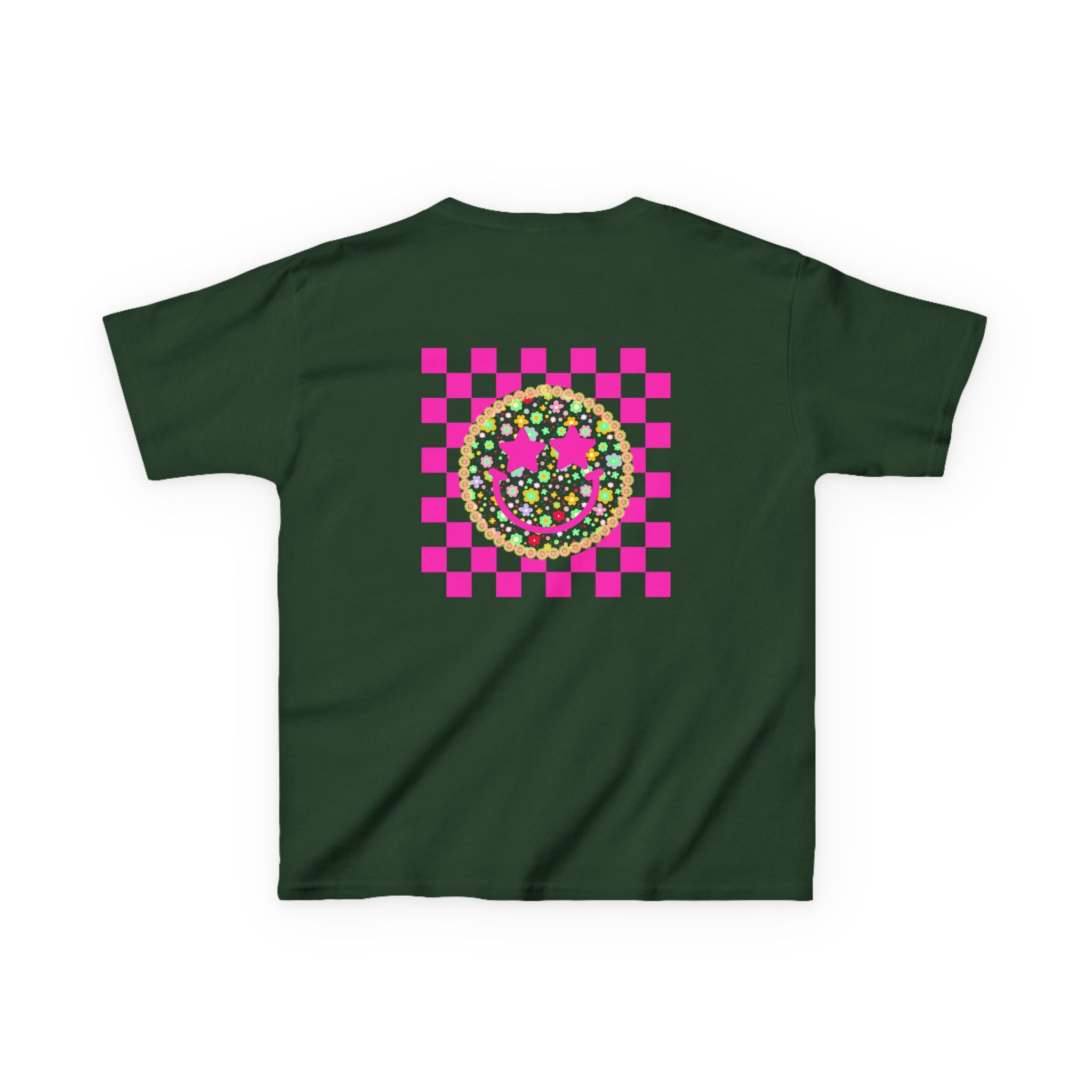 Kids Tee — Retro Pink Checker Smiley Face with Star Eyes