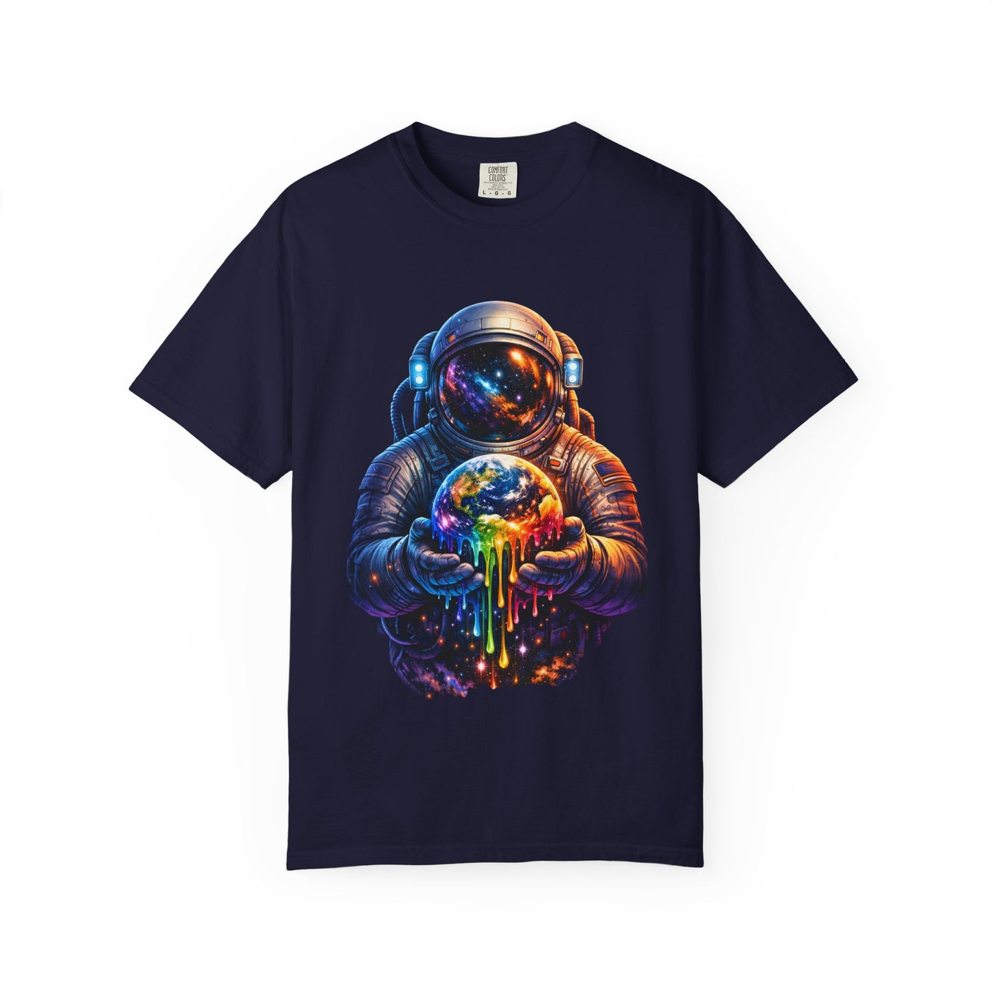 Astronaut Holding Melting Planet T-Shirt — Psychedelic Space Graphic Tee