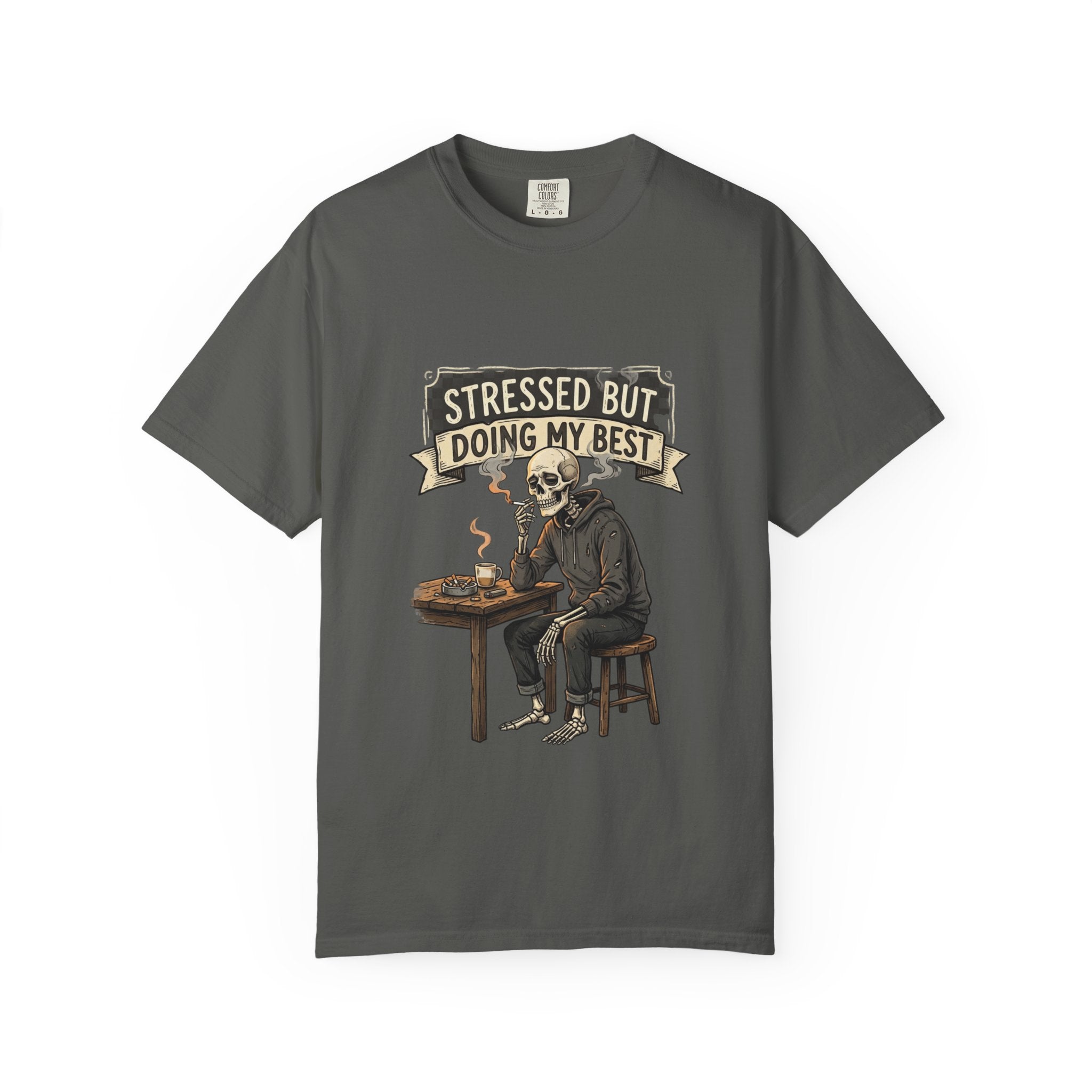 Stressed But Doing My Best T-Shirt — Skeleton Coffee Graphic Tee