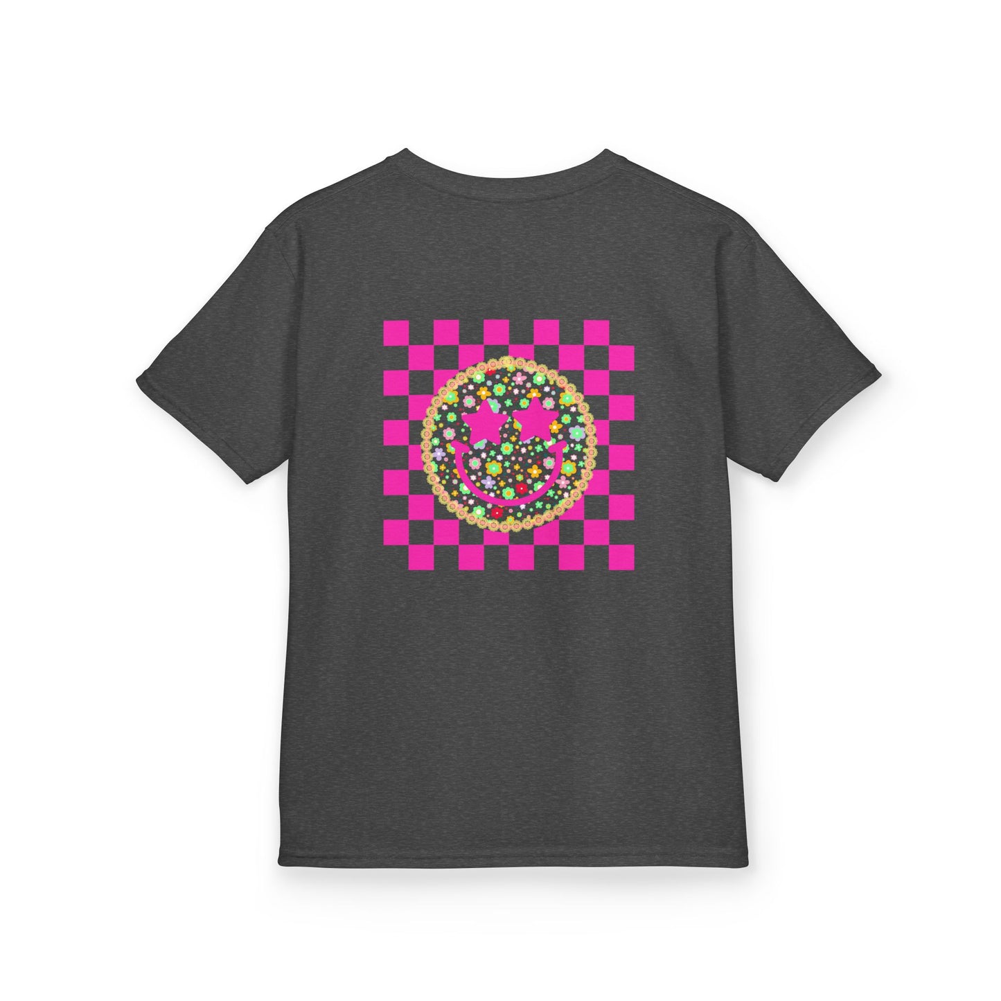 Kids Tee — Retro Pink Checker Smiley Face with Star Eyes