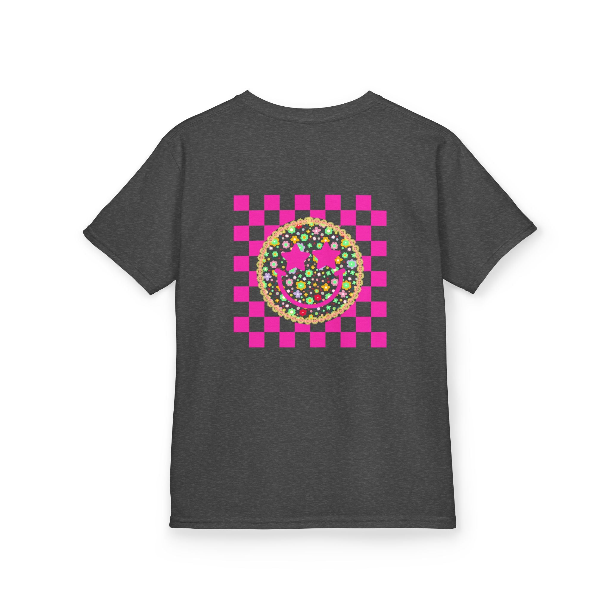 Kids Tee — Retro Pink Checker Smiley Face with Star Eyes