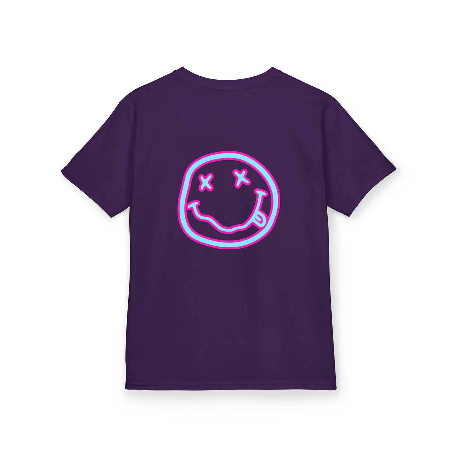 Kids T-Shirt — Neon Smiley Face Graphic Tee (Pink & Blue)
