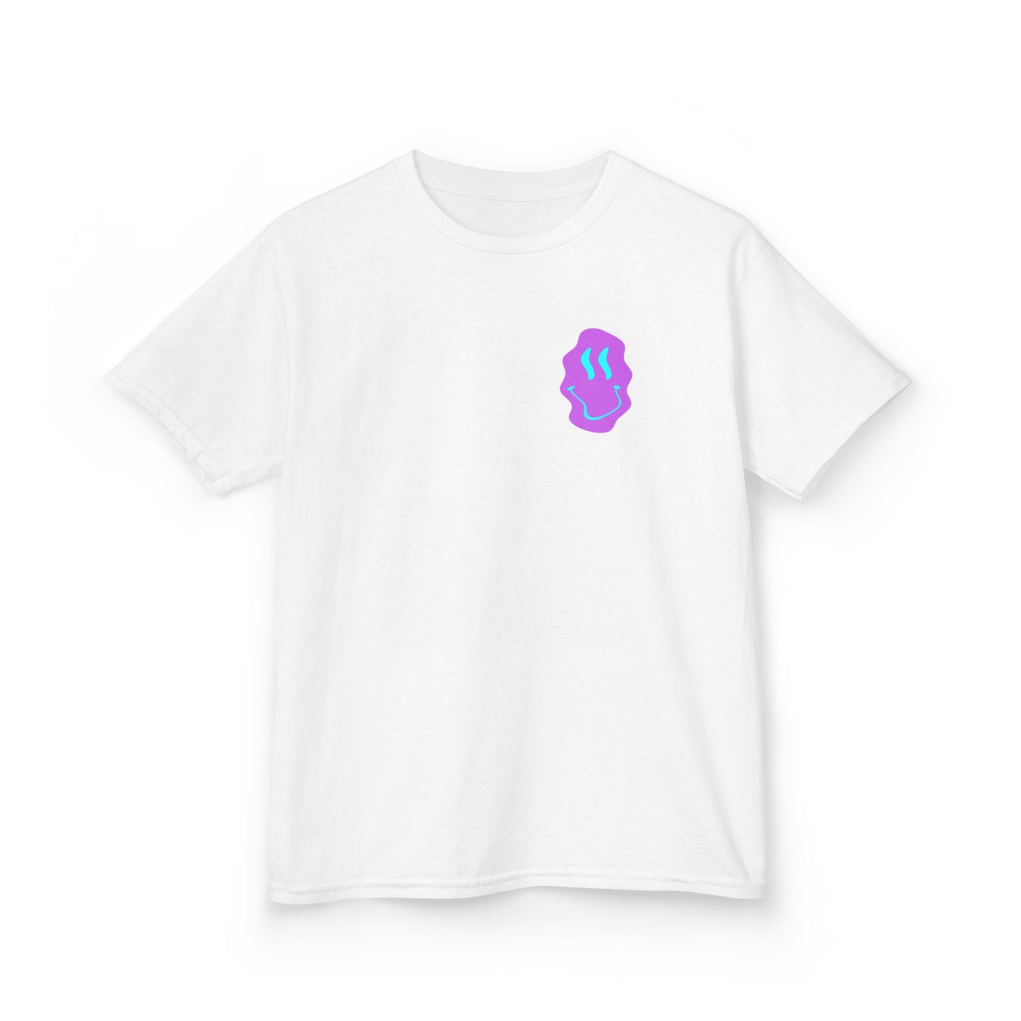 Kids T-Shirt — Neon Smiley Face Graphic Tee (Pink & Blue)
