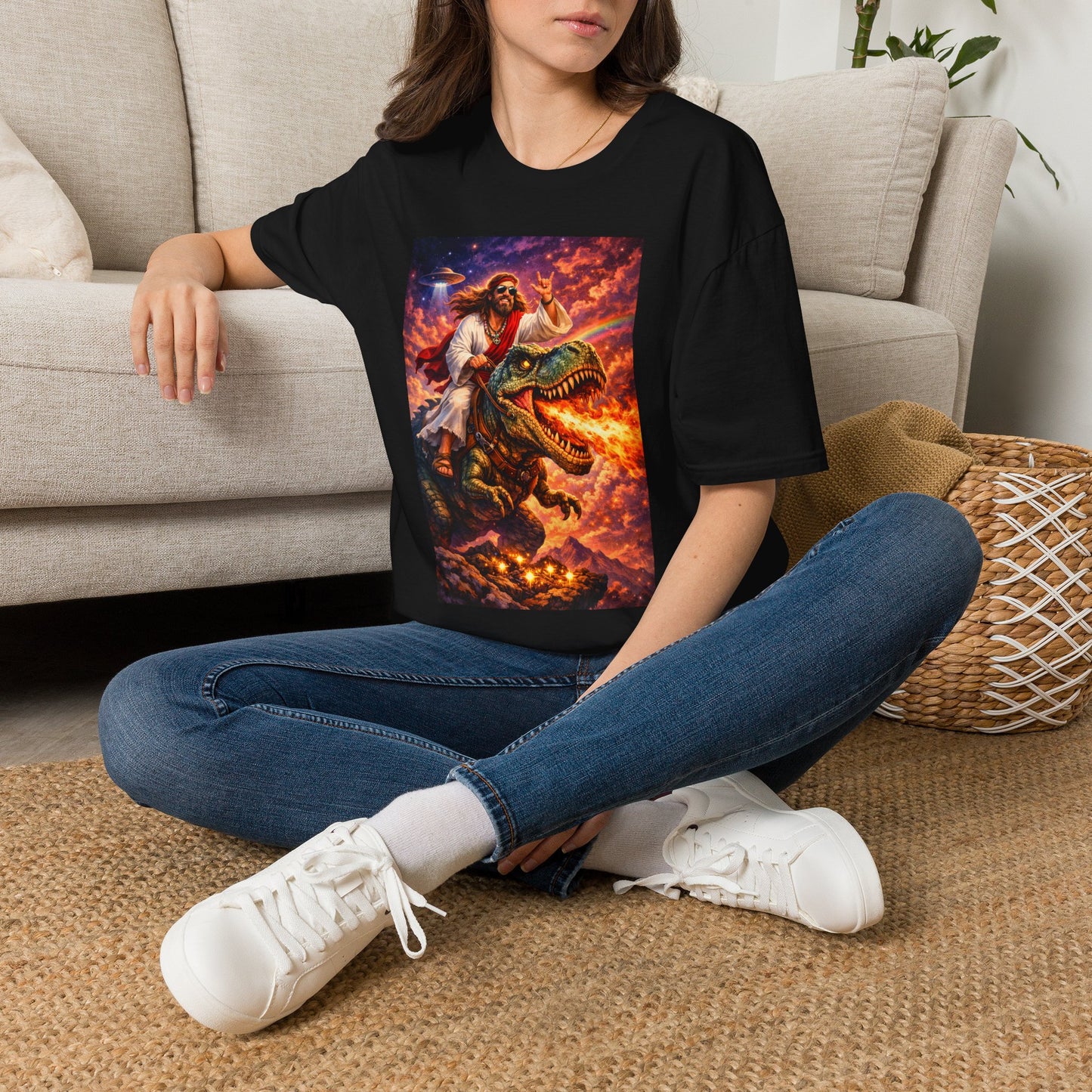 Jesus Riding T-Rex Graphic Tee — Retro UFO Apocalypse Art Shirt