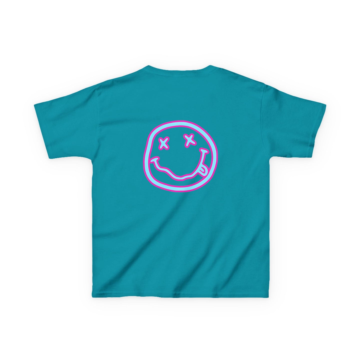 Kids T-Shirt — Neon Smiley Face Graphic Tee (Pink & Blue)