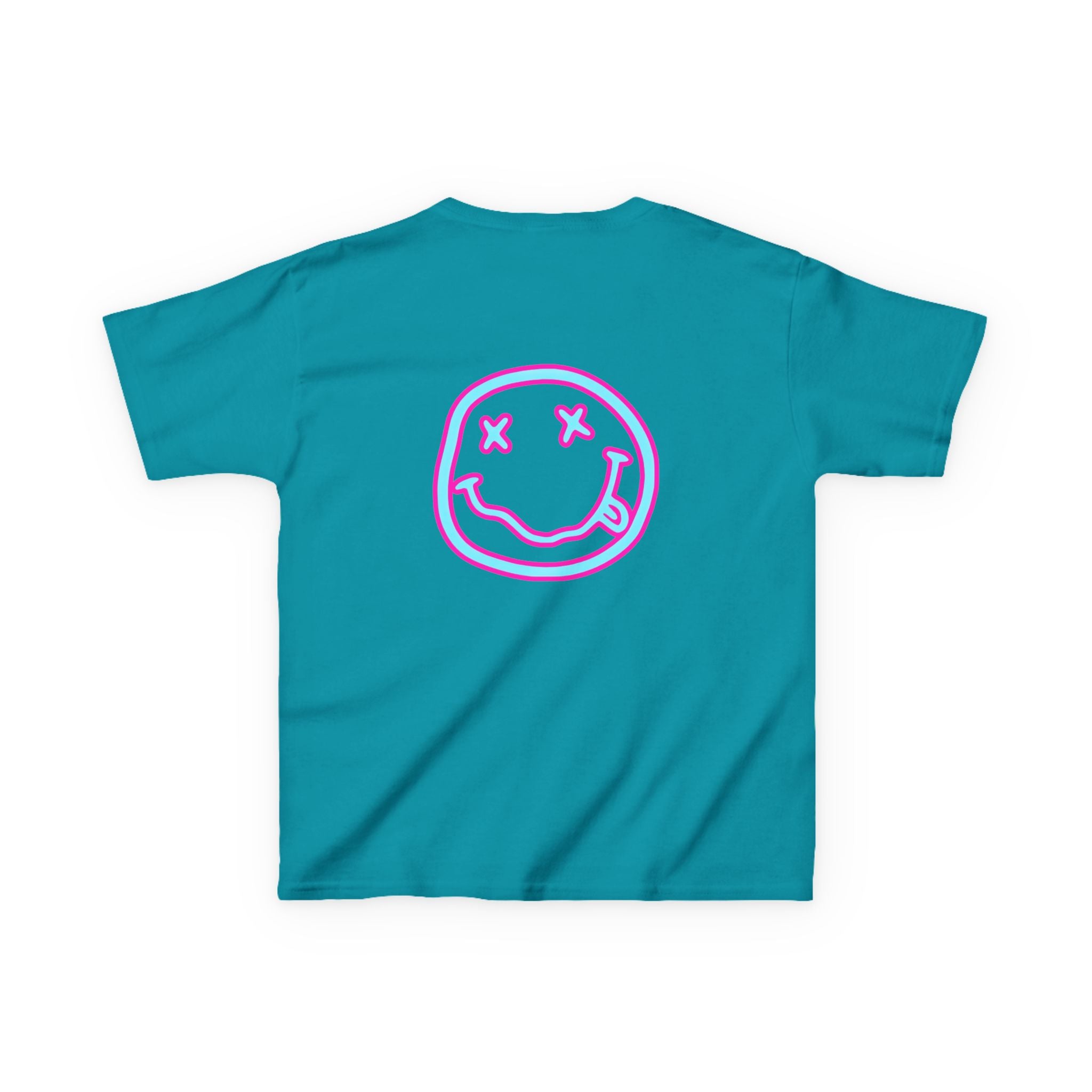 Kids T-Shirt — Neon Smiley Face Graphic Tee (Pink & Blue)