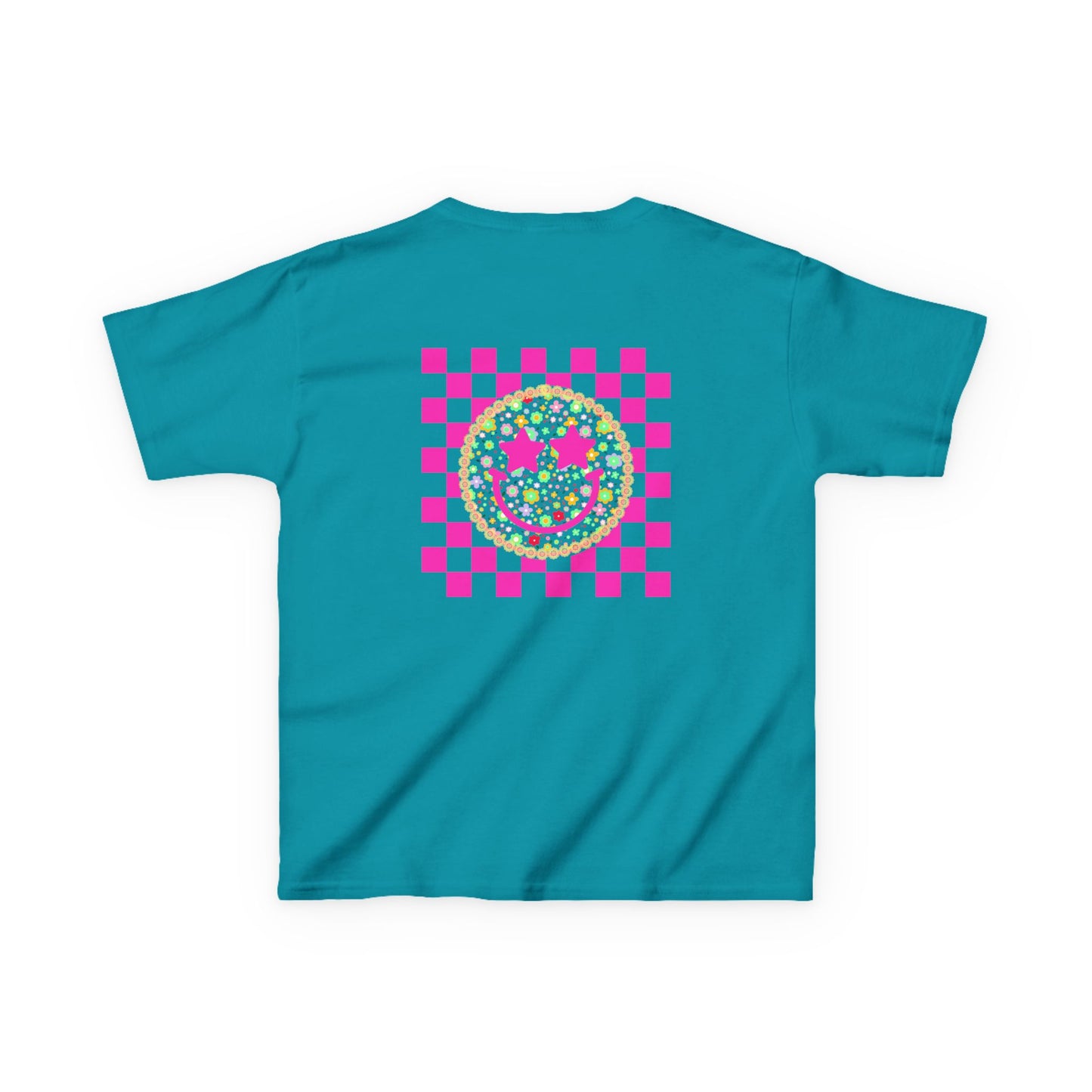 Kids Tee — Retro Pink Checker Smiley Face with Star Eyes