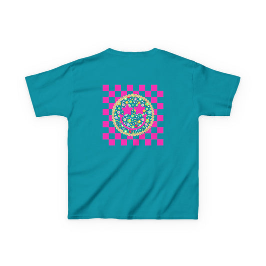 Kids Tee — Retro Pink Checker Smiley Face with Star Eyes