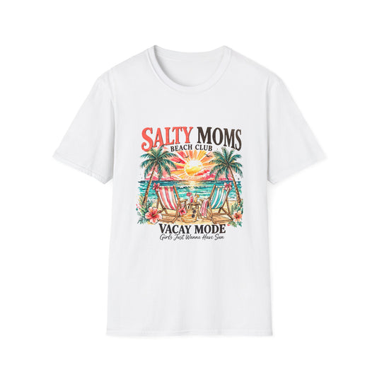 Salty Moms Beach Club T-Shirt — Vacay Mode Palm Tree Sunset Tee