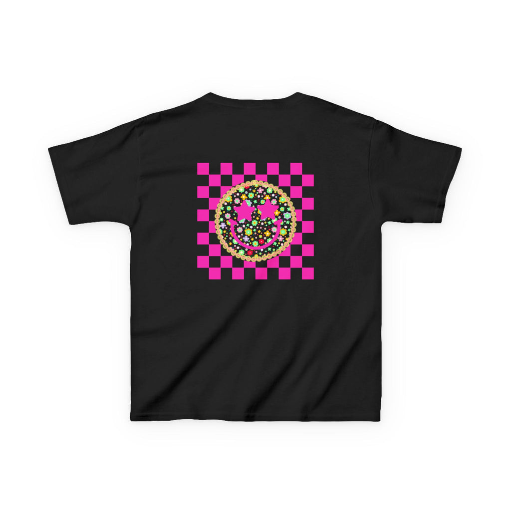 Kids Tee — Retro Pink Checker Smiley Face with Star Eyes