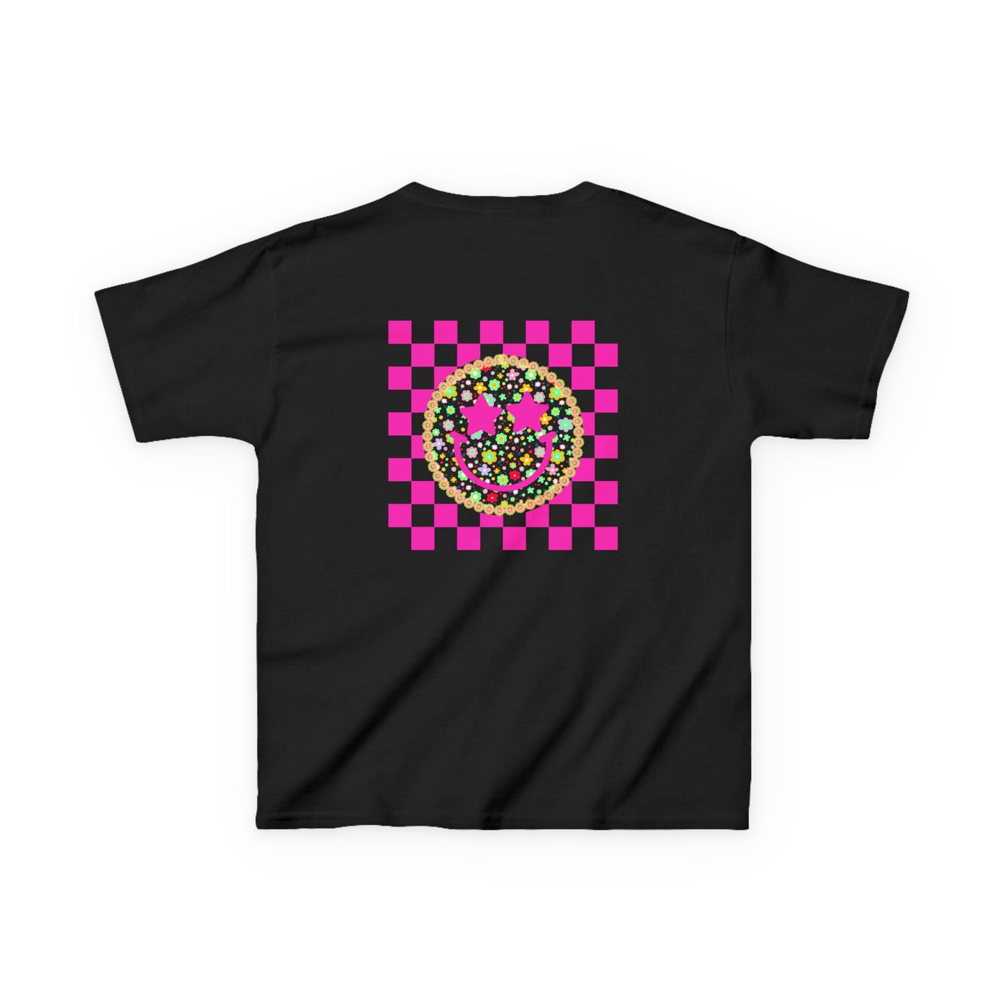 Kids Tee — Retro Pink Checker Smiley Face with Star Eyes
