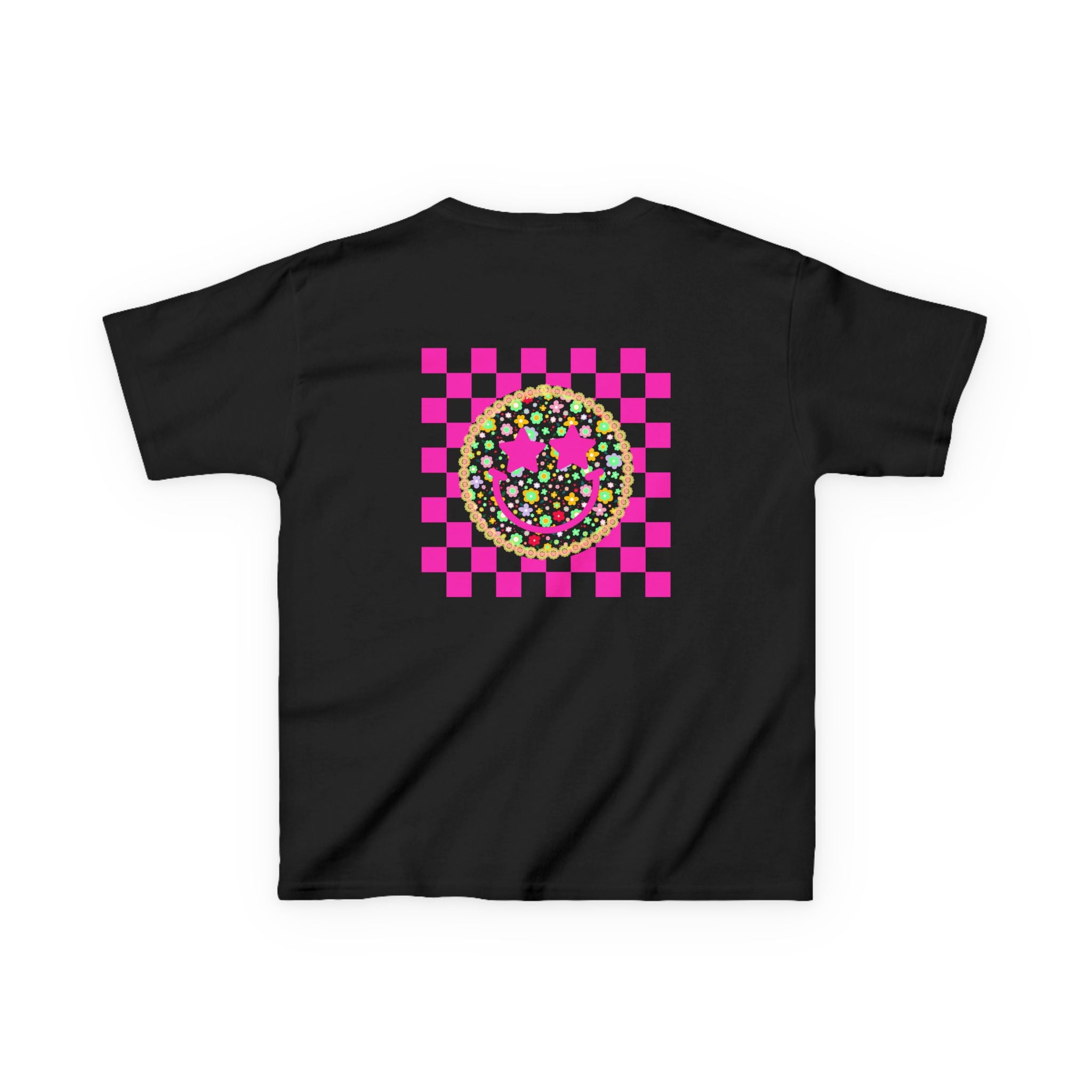 Kids Tee — Retro Pink Checker Smiley Face with Star Eyes